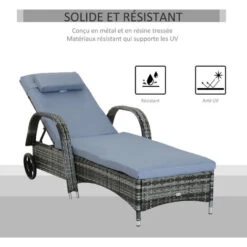 OUTSUNNY Transat Bain De Soleil Grand Confort : Matelas, Têtière, Inclinaison Réglable Multipositions, Accoudoirs, Roulettes Résine Tressée Gris -Promos Garde Plante Boutique 46360308 4