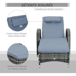 OUTSUNNY Transat Bain De Soleil Grand Confort : Matelas, Têtière, Inclinaison Réglable Multipositions, Accoudoirs, Roulettes Résine Tressée Gris -Promos Garde Plante Boutique 46360308 5