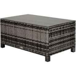 OUTSUNNY Table Basse De Jardin Plateau Verre Trempé 5 Mm Rotin Tressé 85 X 50 X 39 Cm Max. 70 Kg Gris