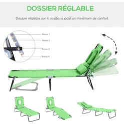 OUTSUNNY Bain De Soleil Pliable Transat Inclinable 4 Positions Chaise Longue De Lecture 3 Coussins Fournis Vert 10 OUTSUNNY Bain De Soleil Pliable Transat Inclinable 4 Positions Chaise Longue De Lecture 3 Coussins Fournis Vert -Promos Garde Plante Boutique 49239981 4