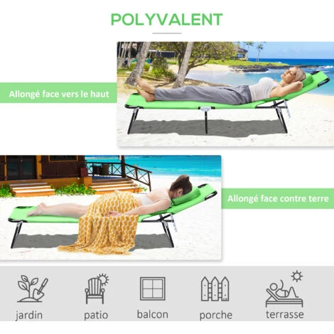 OUTSUNNY Bain De Soleil Pliable Transat Inclinable 4 Positions Chaise Longue De Lecture 3 Coussins Fournis Vert 7 OUTSUNNY Bain De Soleil Pliable Transat Inclinable 4 Positions Chaise Longue De Lecture 3 Coussins Fournis Vert – Image 5