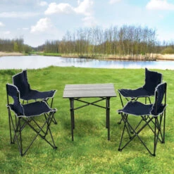 OUTSUNNY Table De Camping + 4 Chaises + Sac De Transport - Pliant Léger Petit Portable - Pour Pique-nique, Festival, Barbecue, Randonnée, Pêche - Acier Alu. Noir Oxford Bleu -Promos Garde Plante Boutique 50146602 5