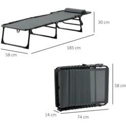 OUTSUNNY Bain De Soleil Transat Pliable Avec Poignée - Dossier Inclinable Multi-positions, Pochette, Tétière - Acier époxy Noir Lacets élastiques Textilène Gris -Promos Garde Plante Boutique 50904511 3