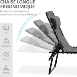OUTSUNNY Bain De Soleil Transat Pliable Avec Poignée - Dossier Inclinable Multi-positions, Pochette, Tétière - Acier époxy Noir Lacets élastiques Textilène Gris -Promos Garde Plante Boutique 50904511 4