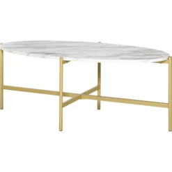 HOMCOM Table Basse Ovale Design Style Art Déco Dim. 121L X 51l X 45H Cm Structure Métal Doré Plateau Aspect Marbre Blanc