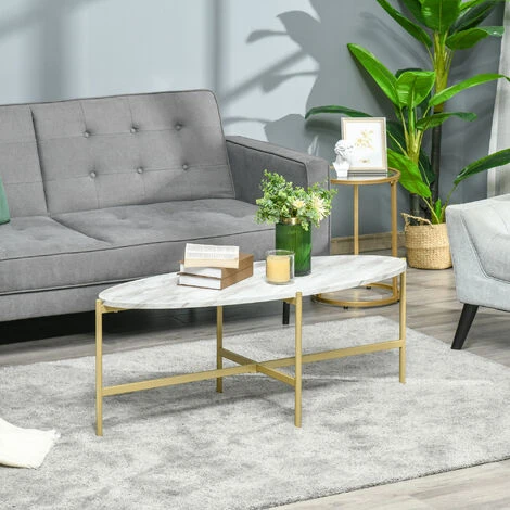 HOMCOM Table Basse Ovale Design Style Art Déco Dim. 121L X 51l X 45H Cm Structure Métal Doré Plateau Aspect Marbre Blanc 4 HOMCOM Table Basse Ovale Design Style Art Déco Dim. 121L X 51l X 45H Cm Structure Métal Doré Plateau Aspect Marbre Blanc – Image 2