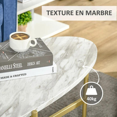 HOMCOM Table Basse Ovale Design Style Art Déco Dim. 121L X 51l X 45H Cm Structure Métal Doré Plateau Aspect Marbre Blanc 7 HOMCOM Table Basse Ovale Design Style Art Déco Dim. 121L X 51l X 45H Cm Structure Métal Doré Plateau Aspect Marbre Blanc – Image 5