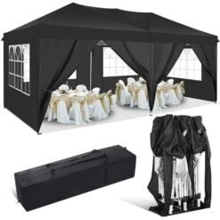 Tonnelle Jardin Pliante 3x6M Imperméable Anti-UV Réglable, Barnum Pliant Avec Fenêtre Pour Marriage Extérieur, Pique-nique,camping Noir