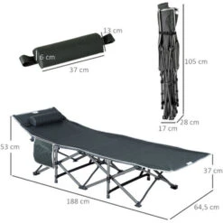 OUTSUNNY Lit De Camp Lit D'appoint Pliable Dim. 188L X 64,5l X 53H Cm Pochette Rangement, Tétière, Sac De Transport Inclus Métal Oxford Gris -Promos Garde Plante Boutique 52444497 3