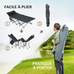 OUTSUNNY Lit De Camp Lit D'appoint Pliable Dim. 188L X 64,5l X 53H Cm Pochette Rangement, Tétière, Sac De Transport Inclus Métal Oxford Gris -Promos Garde Plante Boutique 52444497 5