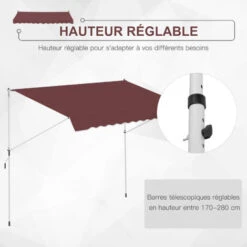 OUTSUNNY Store Banne Manuel Rétractable 3L X 1,5l M Inclinaison Et Hauteur Réglable Installation Rapide Métal Alu Polyester Anti-UV Bordeaux -Promos Garde Plante Boutique 52476541 5