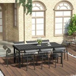 OUTSUNNY Table De Jardin Rectangulaire Pour 8 Personnes En Aluminium Plateau PE à Lattes Aspect Bois Dim. 190L X 90l X 74H Cm Noir -Promos Garde Plante Boutique 53591976 2