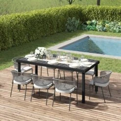 OUTSUNNY Table De Jardin Rectangulaire Pour 8 Personnes En Aluminium Plateau PE à Lattes Aspect Bois Dim. 190L X 90l X 74H Cm Noir -Promos Garde Plante Boutique 53591976 4