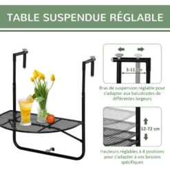 OUTSUNNY Table Suspendue Pour Balcon Pliable Dim. Plateau 60L X 40l Cm Hauteur Réglable 57-72H Cm Métal époxy Noir -Promos Garde Plante Boutique 53829930 4