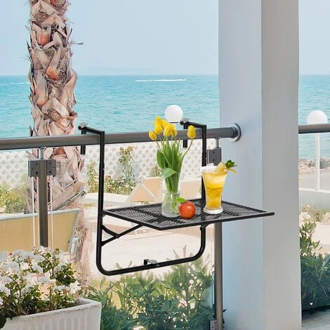 OUTSUNNY Table Suspendue De Balcon Pliable Dim. Plateau 60L X 40l Cm Hauteur Réglable 57-72H Cm Métal époxy Noir 4 OUTSUNNY Table Suspendue De Balcon Pliable Dim. Plateau 60L X 40l Cm Hauteur Réglable 57-72H Cm Métal époxy Noir – Image 2