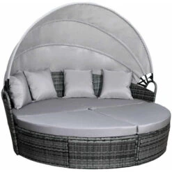 SVITA Savannah Poly-Rattan Ilot De Bronzage Chaise Longue Set De Meubles De Jardin Voile Grise