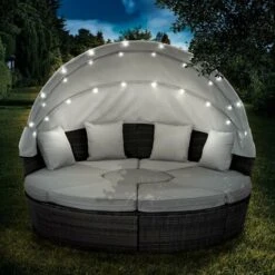 Canapé De Jardin Rond En Noir 8 Places 210cm LED+housse En Rotin Tressé, Auvent Pliable Modulable Table Réglable En Hauteur – Salon De Jardin Rond Noir/gris Clair De BRAST