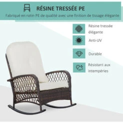 OUTSUNNY Fauteuil à Bascule Rocking Chair Intérieur Extérieur En Résine Tressée Avec Coussins Moelleux - Dim. 75L X 103P X 96H Cm - Marron Crème -Promos Garde Plante Boutique 54817258 4