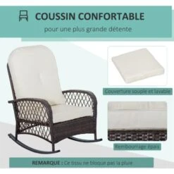 OUTSUNNY Fauteuil à Bascule Rocking Chair Intérieur Extérieur En Résine Tressée Avec Coussins Moelleux - Dim. 75L X 103P X 96H Cm - Marron Crème -Promos Garde Plante Boutique 54817258 5