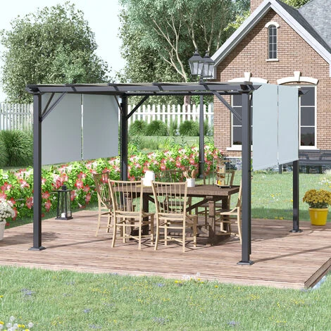 OUTSUNNY Pergola Rétractable 3,05L X 3,05l X 2,2H M Structure Métal époxy Anticorrosion Noir Double Toile Polyester Haute Densité Gris 4 OUTSUNNY Pergola Rétractable 3,05L X 3,05l X 2,2H M Structure Métal époxy Anticorrosion Noir Double Toile Polyester Haute Densité Gris – Image 2