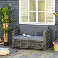 OUTSUNNY Canapé De Jardin 2 Places Canapé Droit 4 Coussins Déhoussables 130L X 70l X 80H Cm Résine Tressée Gris -Promos Garde Plante Boutique 55776906 2