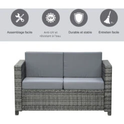OUTSUNNY Canapé De Jardin 2 Places Canapé Droit 4 Coussins Déhoussables 130L X 70l X 80H Cm Résine Tressée Gris -Promos Garde Plante Boutique 55776906 4