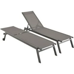 Lot De 2 Bains De Soleil ELSA En Aluminium Et Textilène . Transats Multi Positions Avec Roulettes Anthracite / Gris Foncé