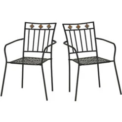OUTSUNNY Lot De 2 Chaises De Jardin Métal époxy Style Fer Forgé Avec Mosaïque - Accoudoirs - Noir