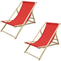 2x Chaise Longue Jardin Pliante Bois Bain De Soleil Plage Chilienne Rouge 120 Kg