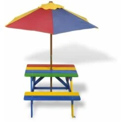 VIDAXL Ensembles De Pique-nique Pour Les Enfants Colorés Avec Du Parasol De Table Avec Banc Et Parapluie Table Et Bancs De Pique-nique Avec Parasol Pour Enfants Bois -Promos Garde Plante Boutique 57223776 3
