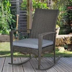 OUTSUNNY Fauteuil à Bascule Rocking Chair Avec Coussin D'assise Déhoussable 66L X 88l X 98H Cm Résine Tressée Imitation Rotin Grise -Promos Garde Plante Boutique 60193628 2