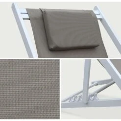 Lot De 2 Bains De Soleil - Gaia Taupe - En Aluminium Blanc Et Textilene Taupe Avec Coussin Repose Tête. Chilienne -Promos Garde Plante Boutique 6504029 4