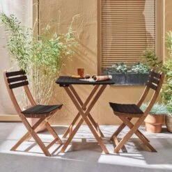 Table De Jardin Bistrot En Bois 60x60cm - Barcelona Bois / Noir - Pliante Bicolore Carrée En Acacia Avec 2 Chaises Pliables -Promos Garde Plante Boutique 6595588 2