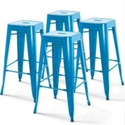 Lot De 4 Tabourets De Bar En Acier Bleu Brillant