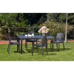 Dmora Chaise D’extérieur Viterbo, Chaise De Jardin, Chaise Pour Table à Manger, Fauteuil D'extérieur Effet Rotin, 100% Made In Italy, Ensemble De 4, Cm 54x60h82, Anthracite