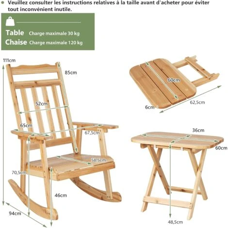 COSTWAY Fauteuil à Bascule De Porche Avec Table Pliable, Ensemble De 2 Bistrot De Terrasse En Bois De Sapin Massif, Chaise De Jardin Pour L'Extérieur à L'Intérieur, Naturel 5 COSTWAY Fauteuil à Bascule De Porche Avec Table Pliable, Ensemble De 2 Bistrot De Terrasse En Bois De Sapin Massif, Chaise De Jardin Pour L'Extérieur à L'Intérieur, Naturel – Image 3