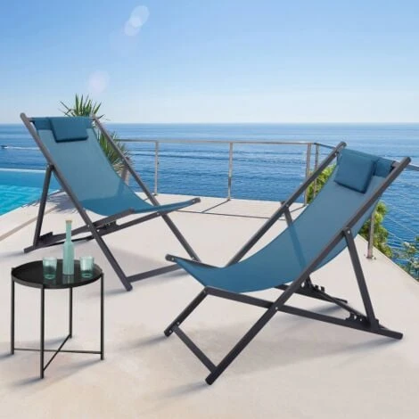 Lot De 2 Chiliennes LOTA En Acier Et Toile Textilène Bleu Canard 4 Lot De 2 Chiliennes LOTA En Acier Et Toile Textilène Bleu Canard – Image 2