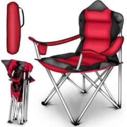 TRESKO Chaise De Camping Pliante ROUGE Jusqu'à 150 Kg Chaise De Pêche, Avec Accoudoirs Et Porte-gobelets