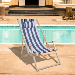 Randaco Chaise Longue Chilienne Chaise Longue Pliable Chaise Solaire Chaise De Jardin Bleu Blanc Avec Mains Courantes -Promos Garde Plante Boutique 89692137 5