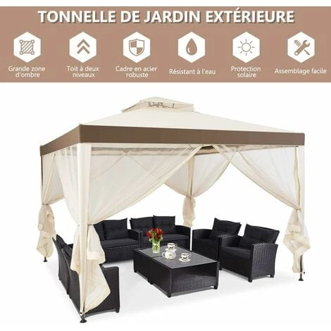 COSTWAY Tonnelle Jardin/Barnum 3L X 3l X 2,65H M En Polyester Anti UV Tente De Réception Double Toit 4 Moustiquaires Amovibles Zippées, Beige 4 COSTWAY Tonnelle Jardin/Barnum 3L X 3l X 2,65H M En Polyester Anti UV Tente De Réception Double Toit 4 Moustiquaires Amovibles Zippées, Beige – Image 2