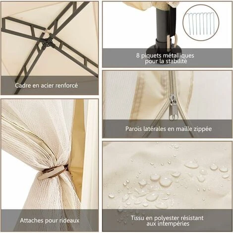 COSTWAY Tonnelle Jardin/Barnum 3L X 3l X 2,65H M En Polyester Anti UV Tente De Réception Double Toit 4 Moustiquaires Amovibles Zippées, Beige 5 COSTWAY Tonnelle Jardin/Barnum 3L X 3l X 2,65H M En Polyester Anti UV Tente De Réception Double Toit 4 Moustiquaires Amovibles Zippées, Beige – Image 3