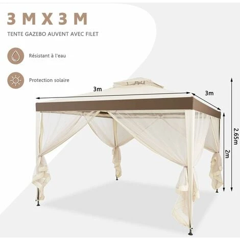 COSTWAY Tonnelle Jardin/Barnum 3L X 3l X 2,65H M En Polyester Anti UV Tente De Réception Double Toit 4 Moustiquaires Amovibles Zippées, Beige 7 COSTWAY Tonnelle Jardin/Barnum 3L X 3l X 2,65H M En Polyester Anti UV Tente De Réception Double Toit 4 Moustiquaires Amovibles Zippées, Beige – Image 5