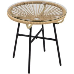 OUTSUNNY Table Basse Ronde De Jardin En Résine Aspect Rotin Métal Et Plateau Verre Trempé Ø 50 X 50H Cm Beige