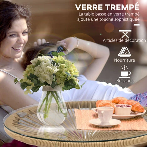 OUTSUNNY Table Basse Ronde De Jardin En Résine Aspect Rotin Métal Et Plateau Verre Trempé Ø 50 X 50H Cm Beige 7 OUTSUNNY Table Basse Ronde De Jardin En Résine Aspect Rotin Métal Et Plateau Verre Trempé Ø 50 X 50H Cm Beige – Image 5