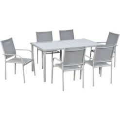 OUTSUNNY Ensemble De Jardin 6 Personnes Chaises Empilables Table à Manger Dim. 150L X 90l X 72H Cm Plateau Verre Acier époxy Textilène Gris