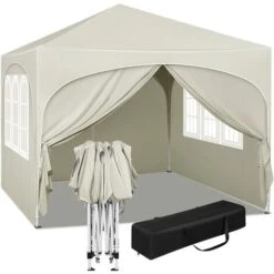 WOLTU Tonnelle De Jardin. Pergola Pliante 3x3m Avec 4 Parois Latérales. Hauteur Réglable. Imperméable. Protection De UV. Beige
