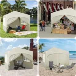 WOLTU Tonnelle De Jardin. Pergola Pliante 3x3m Avec 4 Parois Latérales. Hauteur Réglable. Imperméable. Protection De UV. Beige -Promos Garde Plante Boutique 95616895 3