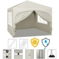 WOLTU Tonnelle De Jardin. Pergola Pliante 3x3m Avec 4 Parois Latérales. Hauteur Réglable. Imperméable. Protection De UV. Beige -Promos Garde Plante Boutique 95616895 5