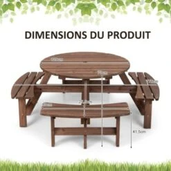 COSTWAY Ensemble De Table Et 4 Bancs De Jardin, 8 Personnes En Sapin Verni, Table De Pique-Nique Avec Trou De Parasol -Promos Garde Plante Boutique 95963475 4