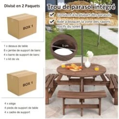 COSTWAY Ensemble De Table Et 4 Bancs De Jardin, 8 Personnes En Sapin Verni, Table De Pique-Nique Avec Trou De Parasol -Promos Garde Plante Boutique 95963475 5
